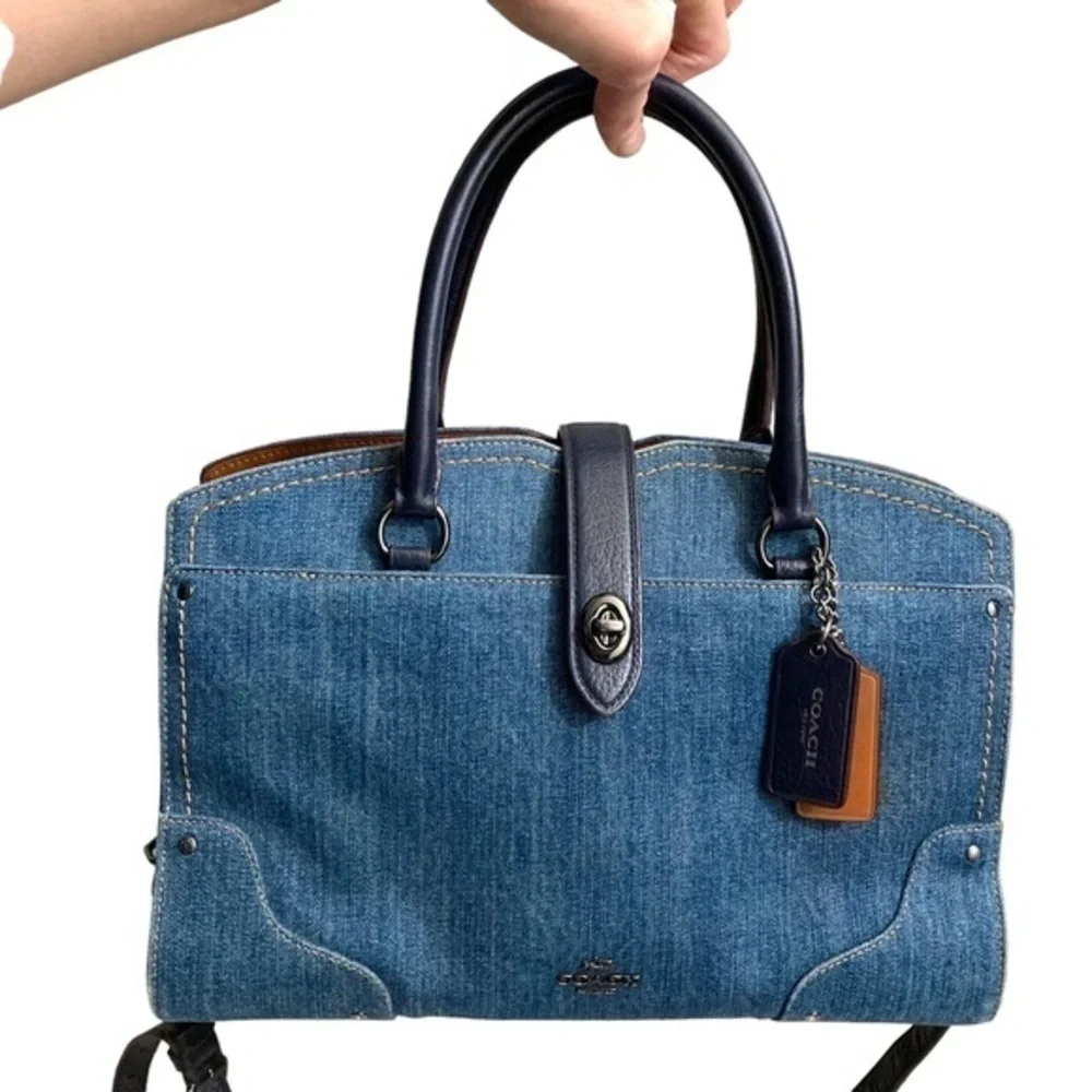 Coach Mercer 30 Satchel Colorblock Denim 37786 Dark Blue Leather Turnlock